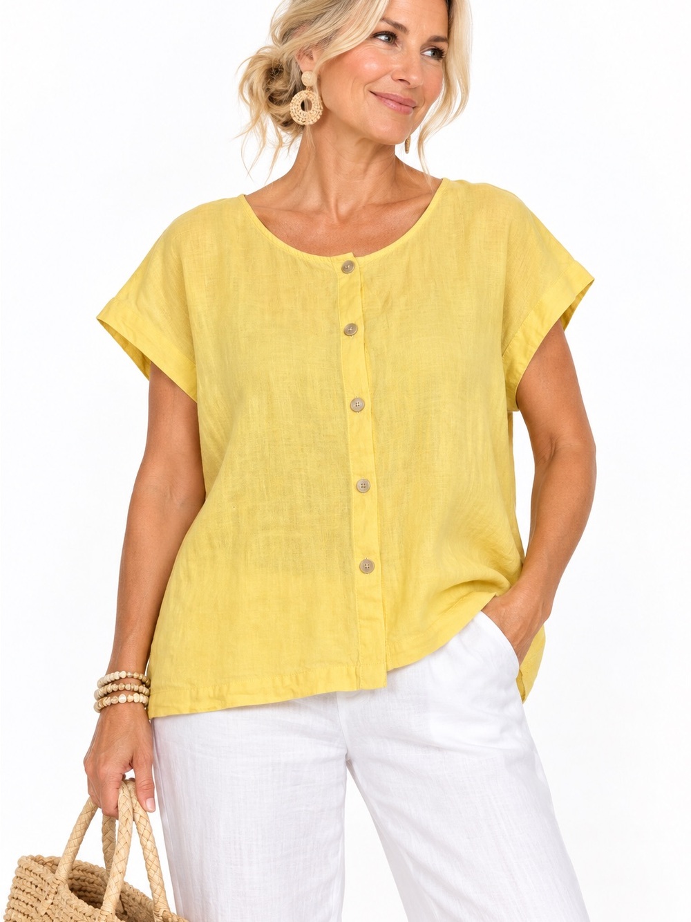 Liz Claiborne Yellow Short-Sleeve Button-Front Linen/Cotton Top - XL